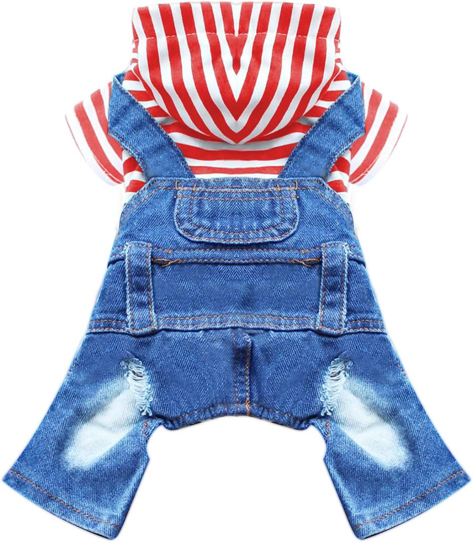 Small Dog Hoodie Clothes Cute Stripe Shirts Denim Jumpsuit One-Piece Outfit for Small Medium Dogs Cats Boy Girl Chihuahua Blue Jeans Overalls Puppy Costume (Red,Small)