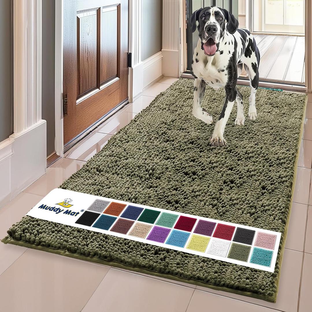 Muddy Mat Original Dog Door Mat for Muddy Paws, Super Absorbent Microfiber, Non-Slip Washable Pet Rug, Quick Dry Chenille Entryway Carpet, Machine Washable Indoor Outdoor mat, Army Green 35"x60"