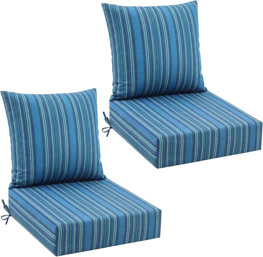 Patelai 2 Set Outdoor Deep Seat Cushions 24x24, 6 Inch Thick Replacement Patio Furniture Cushions with Backs, Washable Cover UV Waterproof & Fade Resistant Chair Pads for Wicker (Blue Stripe)