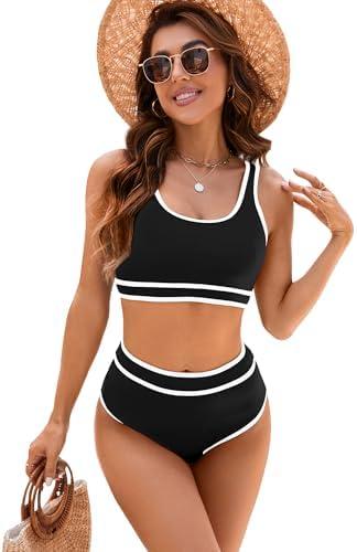 DaiLiWei High Waisted Bikini Sets for Women Two Piece Tummy Control Swimsuit Full Coverage Teens Swimming Suits 2025 Black.XL