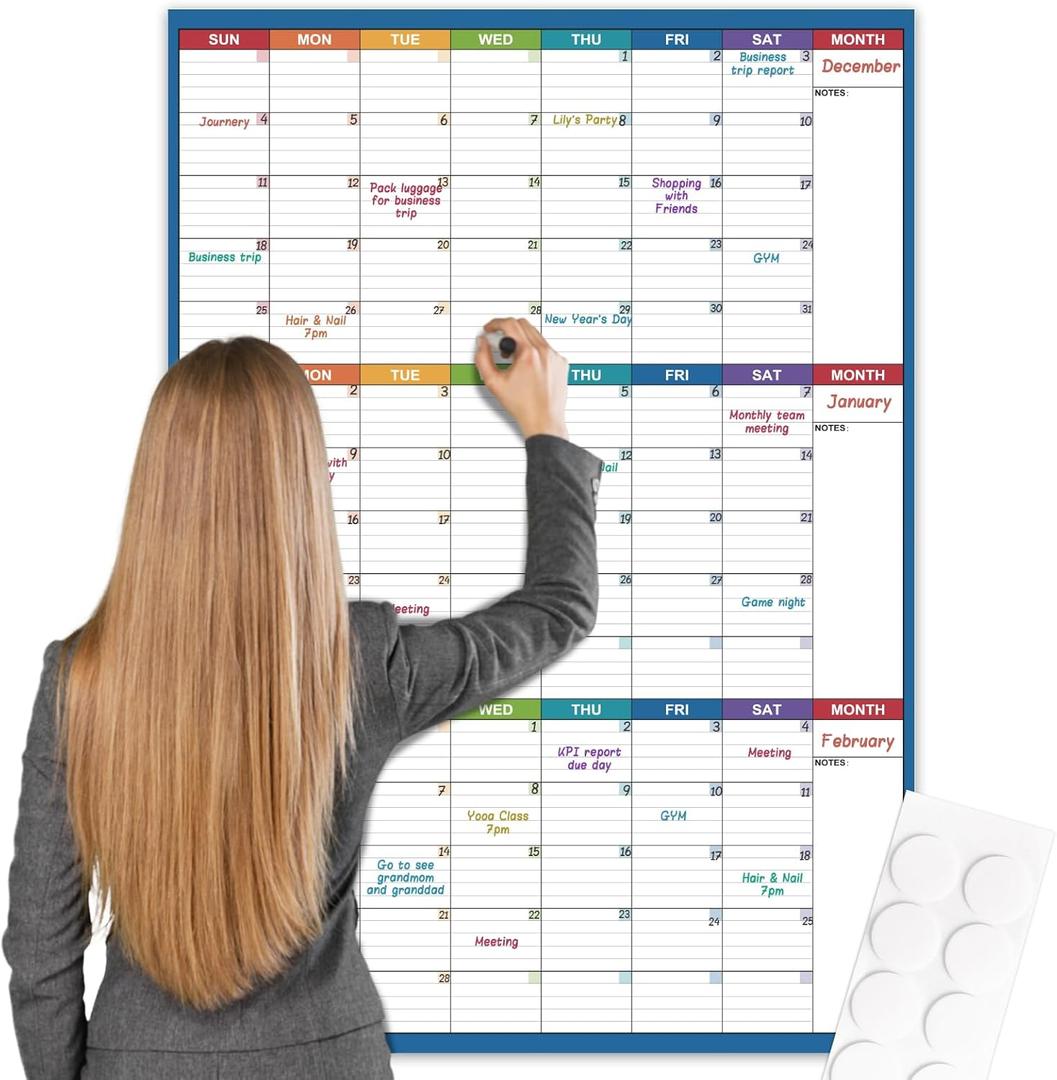 Large Dry Erase Calendar For Wall - Undated 3 Month Calendar, 28'' x 40'', Erasable & Reusable Laminated White Board, 8 Round Stickers, Vertical for Office, Home and School