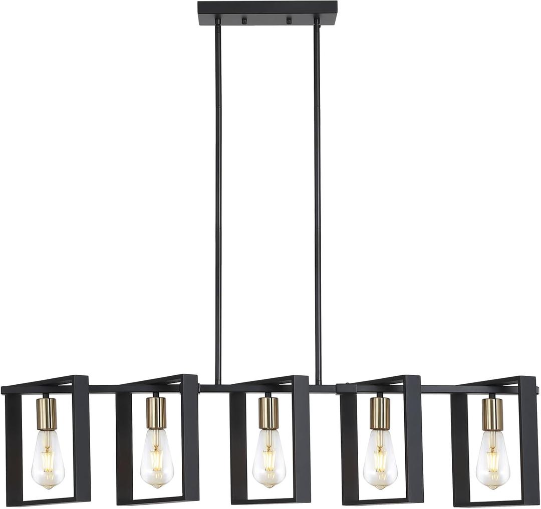9MMML 41.5" Mid Century Dining Room Chandelier, Black and Gold Wood Pendant Light, Height Adjustable 5 Lights Fixtures for Kitchen Island Hallway Pool Table