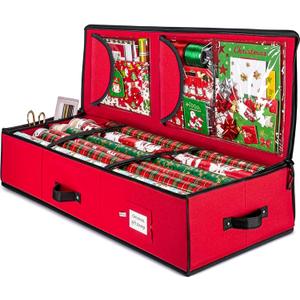 ZOBER Gift Wrapping Paper Organizer Storage - 40" Gift Wrap Storage Containers with Interior Pockets for Bows, Tags & Ribbons - Wrapping Paper Holder, 600D Oxford, Fits 24 Standard Rolls, Red/Black