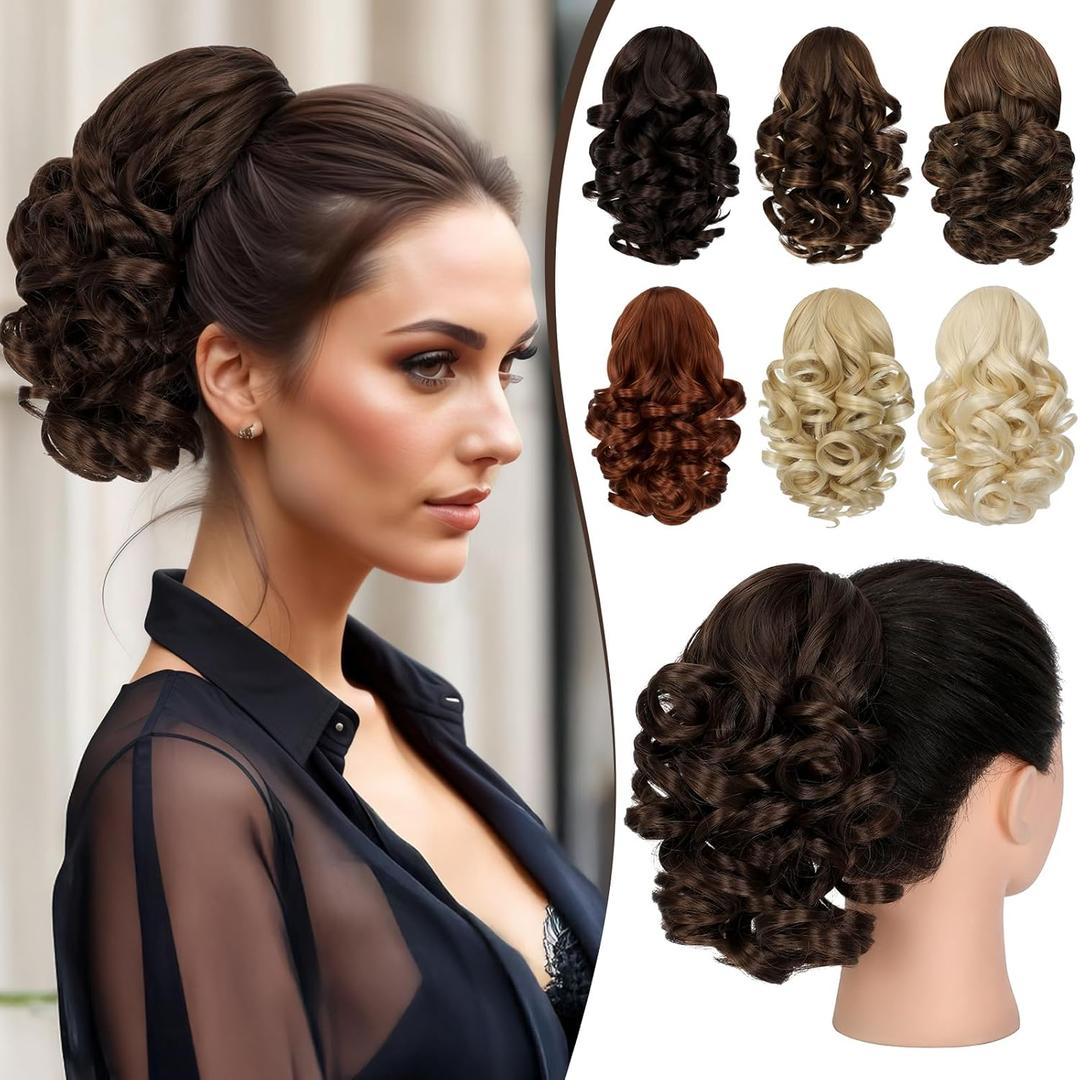 FELENDY 9" Short Ponytail Extension Curly Claw Clip Ponytail Hair Extensions Fluffy Wavy Clip in Pony Tails Hairpiece for Women Synthetic Medium Brown Mix