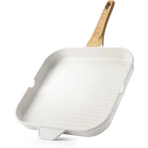 SENSARTE Nonstick Ceramic Grill Pan for Stove Tops, Square Grilling Pan with Pour Spouts, Non Toxic Durable Grill Skillet for All Stoves(Gas,Electric,Induction) PTFE,PFAS,PFOA Free, 12Inch (White)