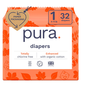Pura Hypoallergenic Diapers, Size 1 (4-11 lbs), Newborn, Totally Chlorine Free, Wetness Indicator, Suitable for Sensitive Skin, Soft Organic Cotton Comfort, Overnight, 1 Pack of 32 Baby Diapers 