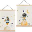 LUVADIAN Space Wall Decor, Nursery Decor Wall Art With Wooden Poster Hanger, Spaces Themed Bedroom Decor, Space Wall Decor for Toddler Boys Bedroom Nursery Playroom Classroom, 12x16 Inch Set of 2