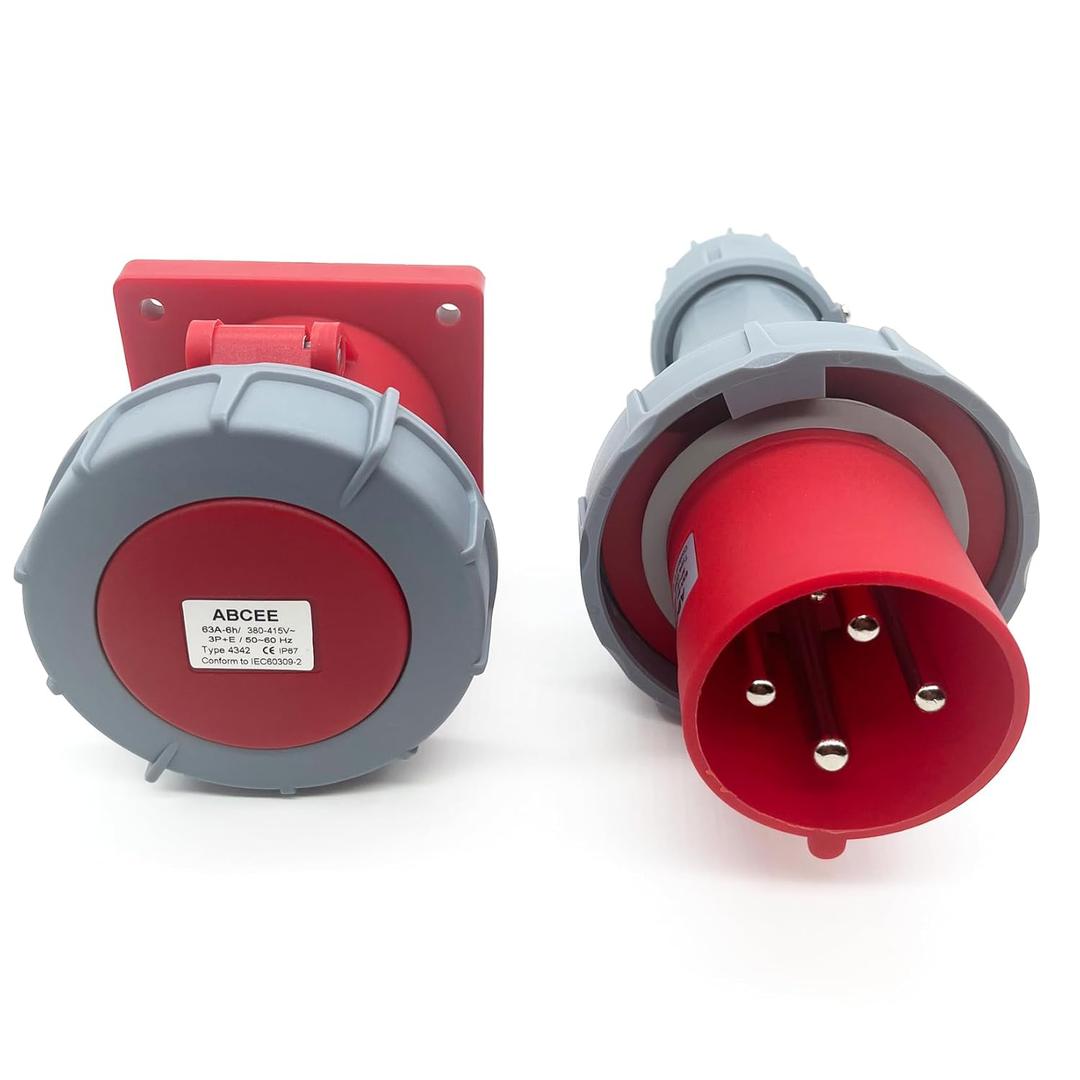 1Set 63A 4Pin Male+Famale Flush-Mounted Receptacle Connector(Compatible with 60amp),Industrial Waterproof Concealed Socket,IP67 Aviation 3phase Plug&Socket,IEC60309 3P+E 6H