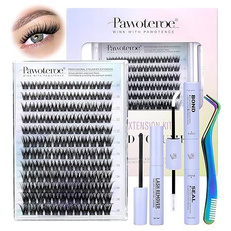 Pawotence Lash Clusters Kit Misha 1018mm Cluster Lashes Extension Kit 144pcs Eyelash Clusters Wet Look Wispy Lashes Cluster Eyelash Extensions with Waterproof Lash Bond and Seal, Remover, Applicator
