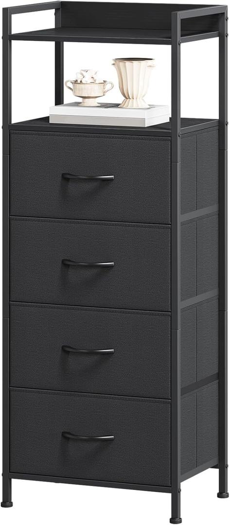 Somdot Night Stand with 4 Drawers, Vertical Storage Tower Fabric Dresser for Bedroom, Nightstand Bedside Table Furniture, Sturdy Steel Frame, Wooden Top & Easy Pull Fabric Bins, Black