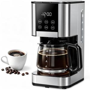10 Cup Programmable Drip Coffee Maker, Adjustable Brew Strength, Pause & Serve, Heat Resistant Glass Carafe, Permanent Filter, Auto Shut Off, Stainless Steel, Compact Coffee Machine for Home Office