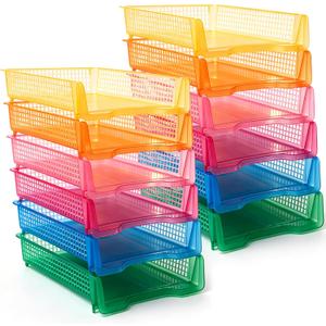 Geetery Turn in Trays Classroom, Clear Mixed Color, Set of 12 | Plastic Trays for Teachers Stackable Paper Tray Classroom Teachers Desk Letter Organizer Storage Baskets for Office,Desk,Home