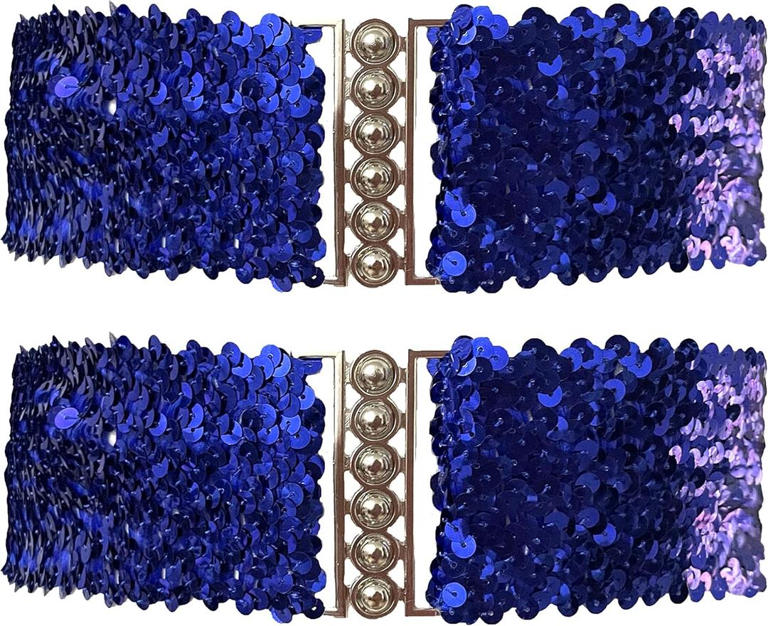 2 Pack Girls Sequin Sparkly Metal Interlooking Buckles Elastic Waist Belt, Glitter Stretchy Belt for Women (Total length: 24.8" (63cm), Blue)