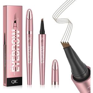 QIC 4-Tip Microblading Eyebrow Pen, Waterproof Brow Marker for Natural Hair-Like Strokes, Quick-Dry Smudge-Resistant, Light Brown