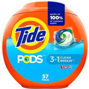 Tide PODS laundry detergent pacs, 3-in-1 Stain Remover, Odor Fighter, Color Protector, 57 Count, HE compatible, Clean Breeze Scent