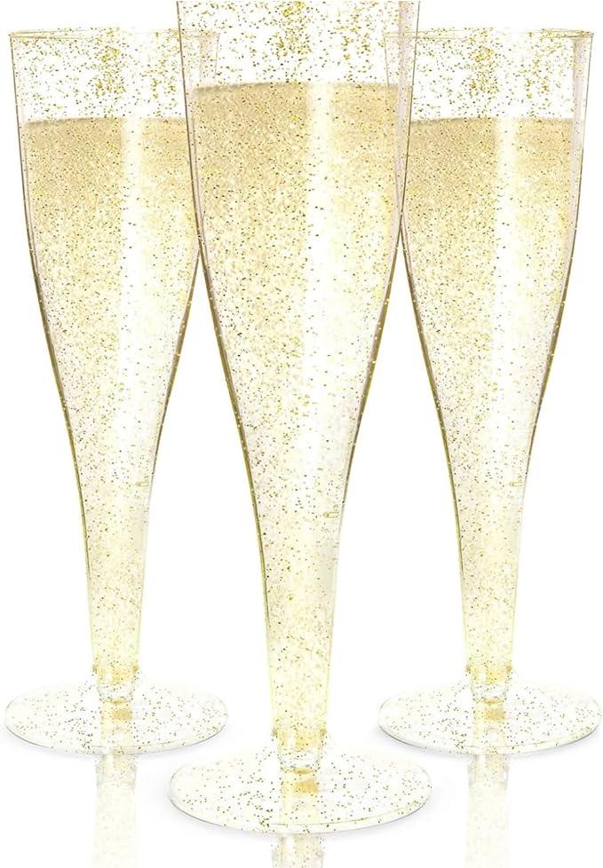 Prestee 24 Plastic Champagne Flutes - Gold Champagne Flutes Plastic - Gold Disposable Mimosa Flute - Party Supplies - Disposable Cocktail Glasses - Mimosa Bar, Wedding, Shower Party