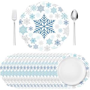 Moinchore 100 Pack Snowflake Paper Placemats Disposable Christmas Round Place Mats 13 Inch Blue Snowflake Decorative Table Mats Bulk for Christmas Xmas Winter Holiday Party Supplies Table Setting