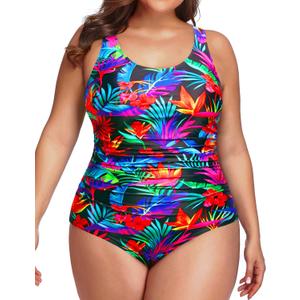 Daci Women Plus Size One Piece Swimsuit Athletic Tummy Control Ruched Bathing Suit with U-Back 22W