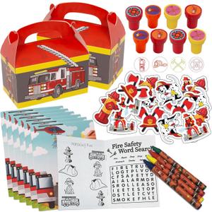 Tigerdoe Fireman Party Favor Set - Fire Truck Party Favors - Party Favor Boxes, Fireman Stamps, Coloring books With Crayons, and Fireman Tattoos