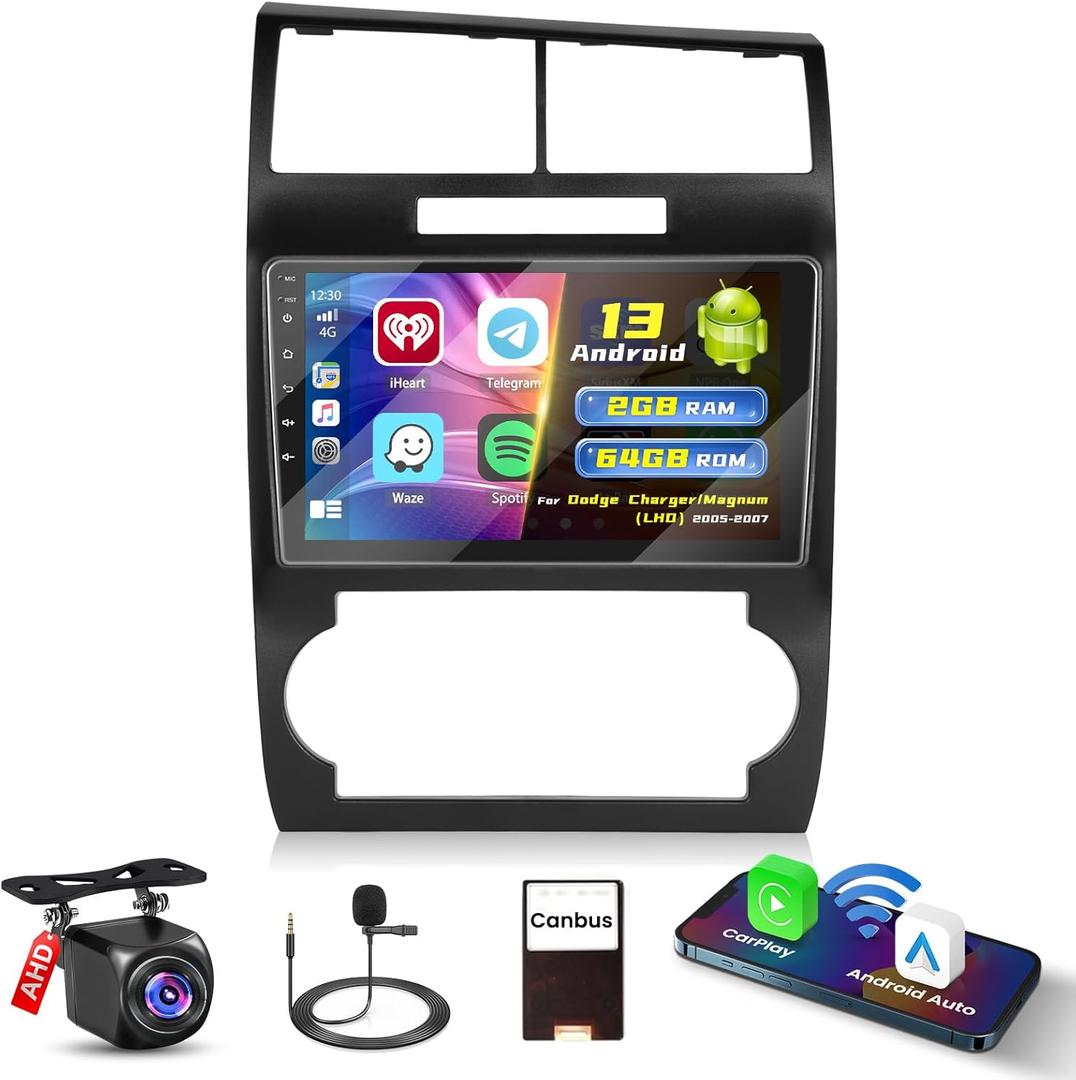 Hikity [2+64G] Android 13 Car Radio for Dodge Magnum 2005 2006 2007 Dodge Charger, 9'' Touch Screen Car Stereo with Wireless CarPlay Android Auto GPS WiFi Bluetooth FM SWC Backup Camera Mic