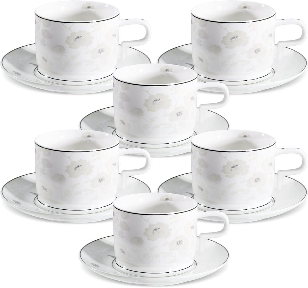fanquare 7 Ounces Bone China Teacup and Saucer Set for 6, Silver Trimmed Peony Floral Porcelain Coffee Cup with Anti-Slip Design for Home Office Wedding