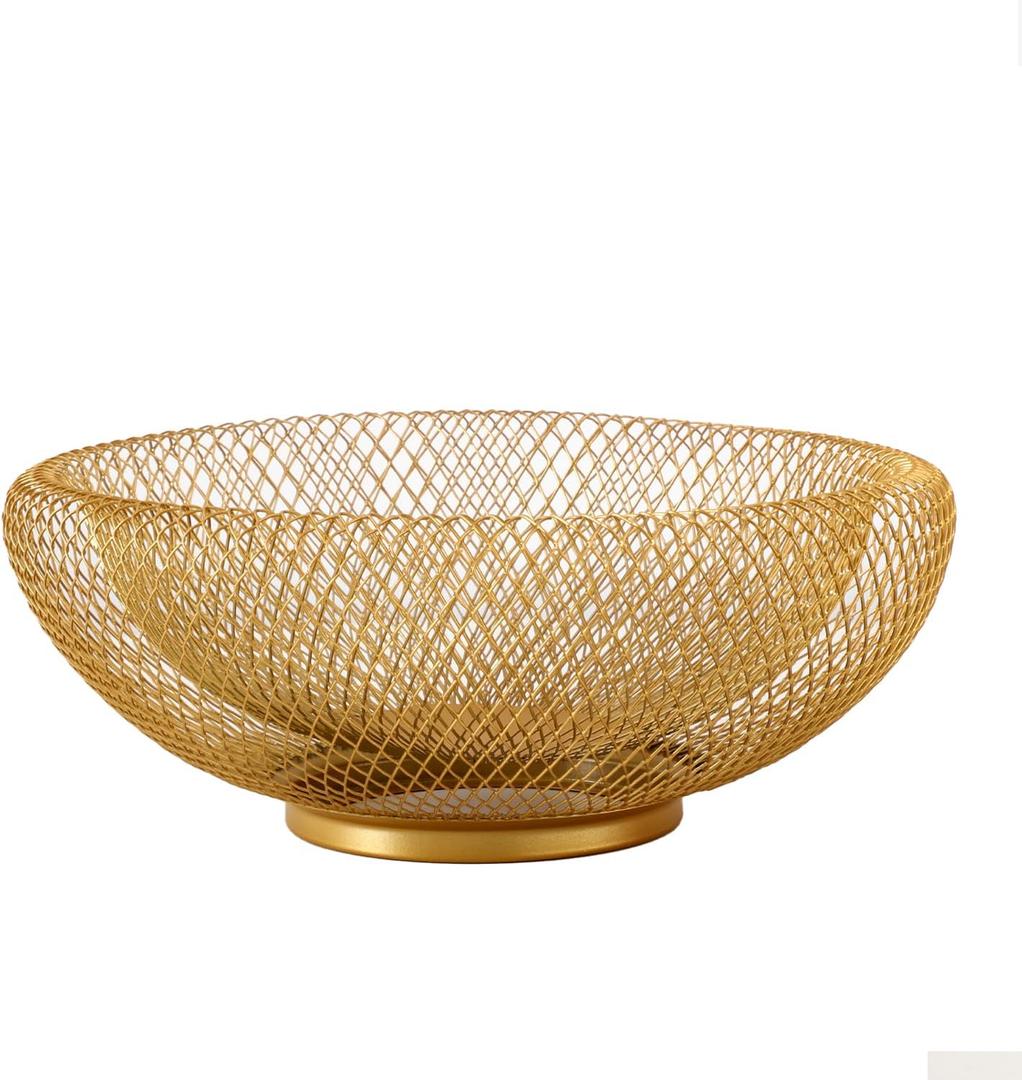 IBWell Metal Wire Woven Fruit Storage Bowl Basket for Kitchen, Large Black Mesh Fruit Stand, for Apple, Pineapple, Banana, Orange, Lemon, Pear, Strawberry, Watermelon (Gold, Small)