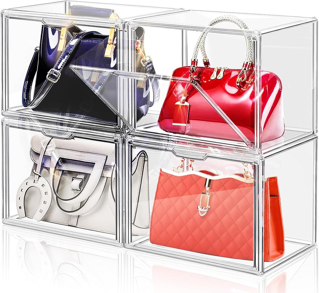 DILIBRA Set of 4 Plastic Purse Storage Organizer for Closet, Acrylic Display Case for Purse and Handbag, Stackable Storage Boxes Organizer with Magnetic Door for Clutch Wallet Book Toys