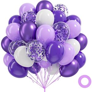 60pcs Purple Balloons 12inch, White Dark Pastel Metallic Purple Confetti Balloons for Baby Shower Birthday Party Decorations