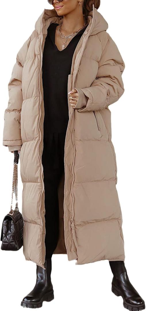 Tankaneo Womens Hooded Long Quilted Coat Maxi Length Long Sleeve Puffer Jacket Warm Padded Coat Thick Winter Outerwear (Large, Camel)