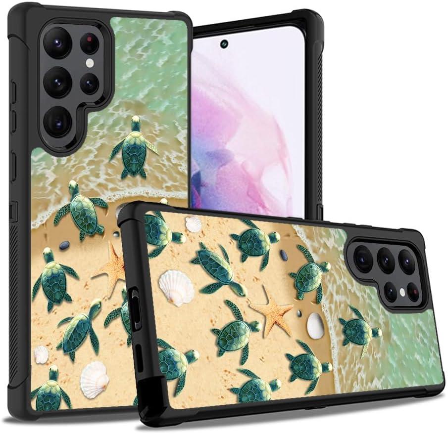 For Galaxy S22 Ultra Case, Shockproof Heavy Duty Hard Plastic+Soft Silicone Bumper Hybrid Protective Case for Samsung Galaxy S22 Ultra 5G - Sea Turtles on The Beach