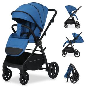Baby Stroller, 2-in-1 Reversible Toddler Seat with Lie-Flat Mode, Foldable Infant Stroller with Canopy, One Button Brake, Adjustable Handle, Newborn Pushchair (Blue)