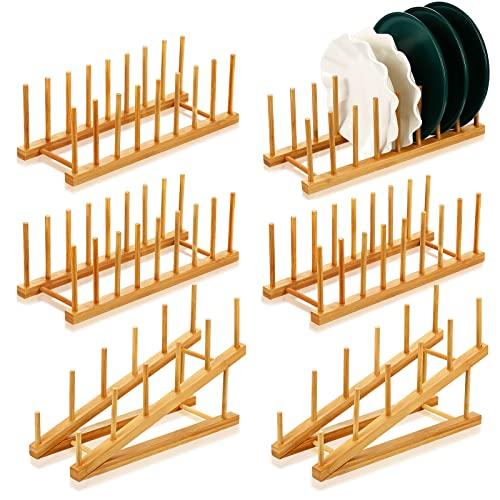 3 Pcs Bamboo Dish Rack 8 Slots Wooden Plates Rack Drying Organizer for Cabinet Classroom Book Organize Pot Lid Holder Bowl Cup Cutting Board Wood Display Stand for Kitchen Cabinet Storage Organizer