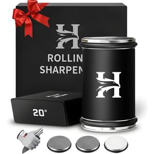 High Carbon Stainless Steel Rolling Knife Sharpener with 400, 1000 & 3000 Replacement Discs - Blunt Knife Sharpening Kit with 15 and 20 Degree Sharpening for Kitchen & Chef's Knives (BLACK)