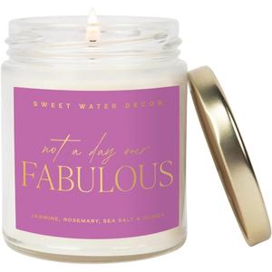 Sweet Water Decor Not A Day Over Fabulous Candle | Jasmine, Rosemary, Sea Salt, and Honey Scented Spring Soy Candles for Home | 9oz Clear Jar + Gold Lid, 40+ Hour Burn Time,