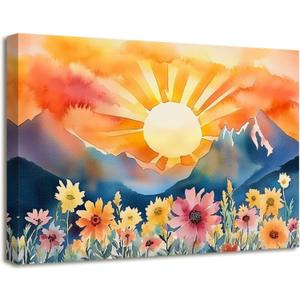 XLMDYYSW Boho Sun Wall Art Sunrise Canvas Picture Watercolor Wildflower Sunset Painting Mid Century Modern Mountains Sunrise Print for Living Room Home Framed (Yellow, 20.00" x 30.00")