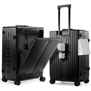 UrbanExplorer 20 Inch Carry On Luggage TSA Approved, Aluminum Frame Zipperless Luggage Carry On with Compartment for Short Trips, ABS+PC Hard Shell Suitcases with Spinner Wheels, Black