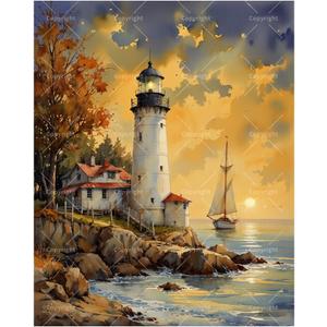 Sunset Sailing Paint by Numbers Kit for Adults - DIY Lighthouse and Sailboat Painting on Canvas, Acrylic Paint Set, Suitable for Beginners, Art for Home Decoration or Gifts(8X12IN Framed)