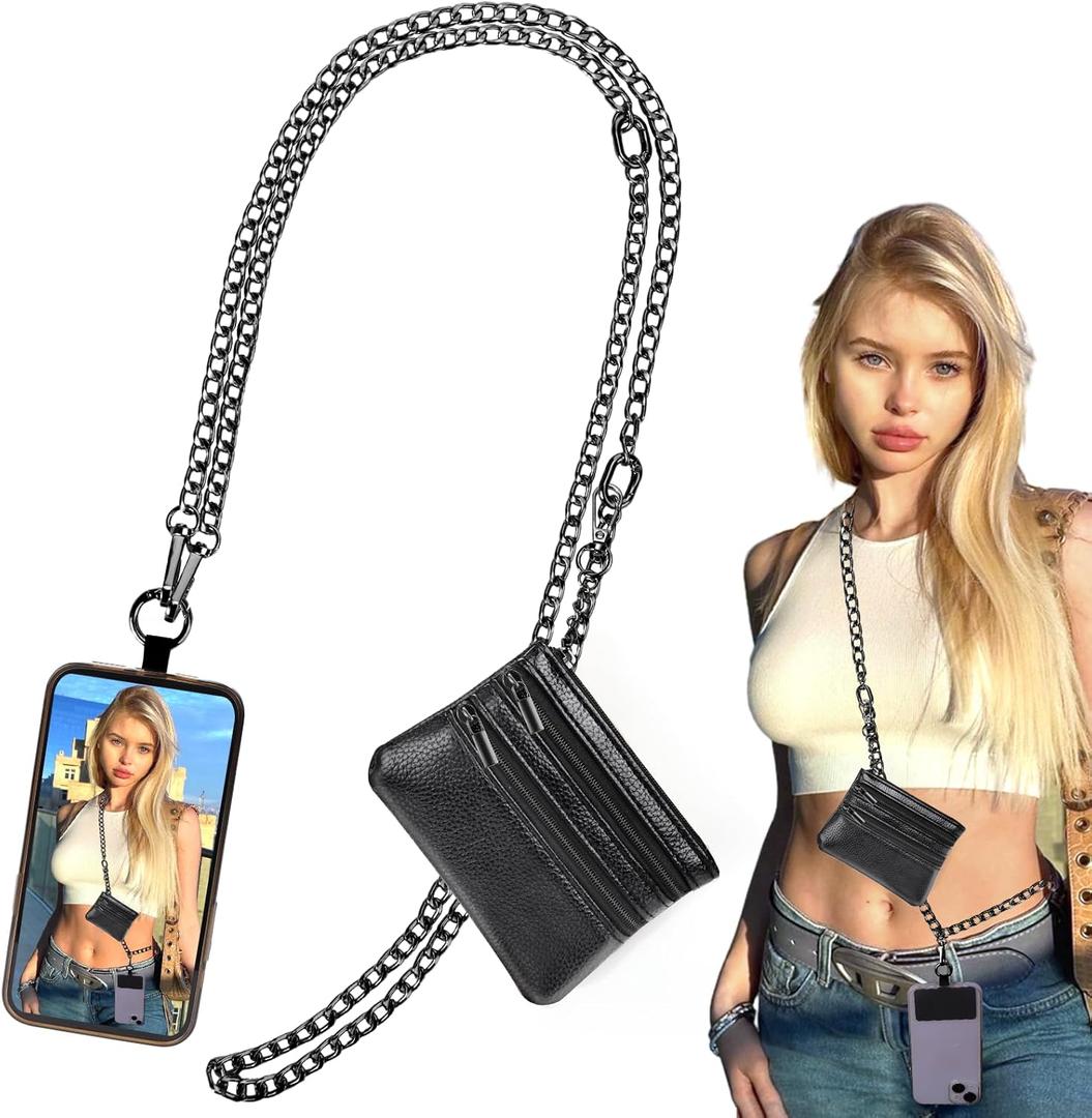 XANGNIER Clip and Go Strap for Phone with Wallet Crossbody, Phone Strap with Zippered Wallet, Adjustable Anti Theft Cellphone Lanyard for Women, Cellphone Chain Accessories,Chain Black