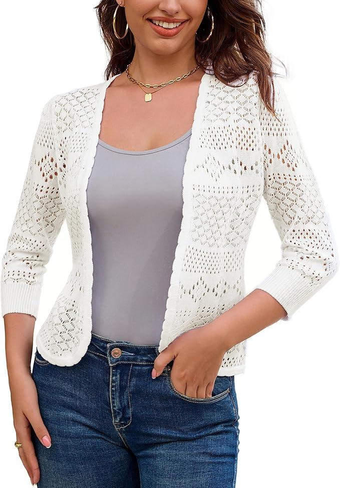 GRACE KARIN Women's 3/4 Sleeve Open Front Cropped Cardigan Summer Lightweight Hollow Out Knit Shrug, Medium 