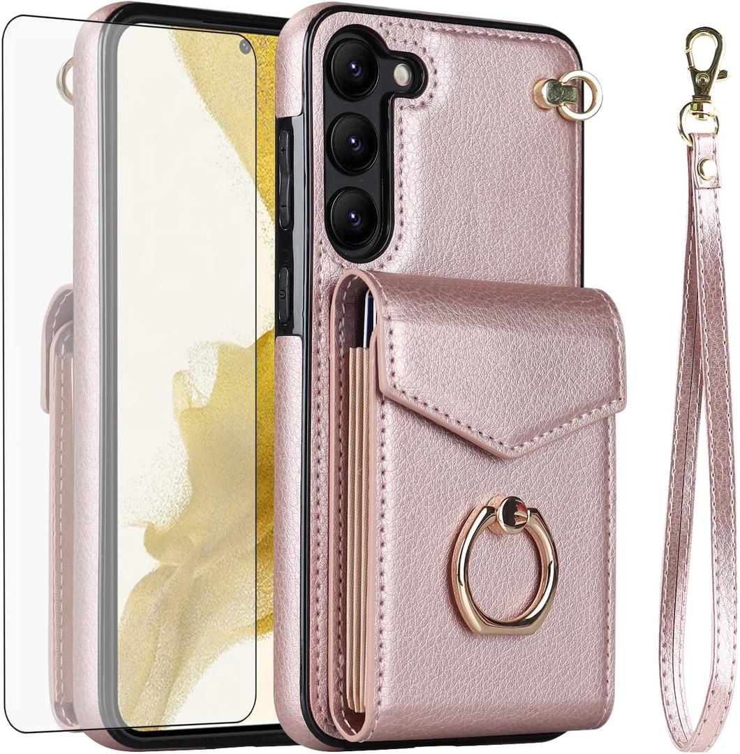 Asuwish Phone Case for Samsung Galaxy S23 5G Wallet Cover with Tempered Glass Screen Protector and Ring Stand Credit Card Holder Leather Wrist Strap Cell Accessories S 23 23S G5 Women Men Rose Gold