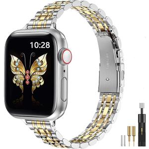 MioHHR Slim Metal Band Compatible with Apple Watch Band 42mm(Series 11 10) 41mm(Series 9 8 7) 40mm(Series 6 5 4 SE3/2/1) 38mm(Series 3 2 1),Stainless Steel iWatch Bands for Women,Silver/Gold