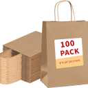 vanhel 100 Pack Brown Paper Bags with Handles,8x4.25x10.5 Inches,Gift Bags Medium Size,Gifts Bag Bulk for Festival,Birthday,Favor,Party,Shopping,Retail Merchandise.