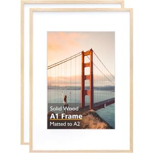 KINLINK A1 Picture frame Natural Wood, Solid Wood frame with Acrylic Plexiglass for Pictures A2 with Mat or A1 without Mat, Wall Mounting Display, 2 Pack