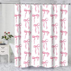 Shower Curtain Bows Pink and White Bow Shower Curtain, Cute Pink Bow Bathroom Decor Waterproof Fabric White Pink Ribbon Shower Curtain Set Bows with Hooks Coquette Bath Curtain for Girls 72x72 Inch