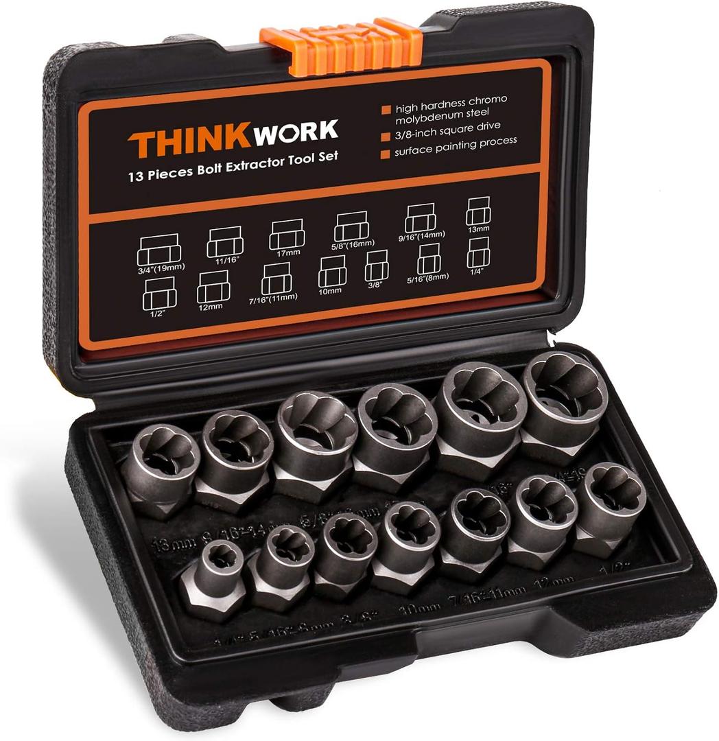 THINKWORK Bolt Extractor Kit, 13+1 Pieces Nut Extractor Socket Set, 3/8" Drive Rounded Bolt Remover, Lug Nut Removal Tool, Rusted, Rounded-Off, Stripped Fasteners