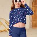 BesserBay Girls Rash Guard UPF 50+ Long Sleeve Mock Neck Crossover Hem Swim Crop Top 4-14 Years (Blue, XXXL)