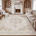 6x9 Washable Area Rug Beige Neutral Carpet for Living Room Bedroom Large Distressed Vintage Low Pile Soft Non-Slip Thin Throw Rug for Dining Room Office Kitchen Indoor