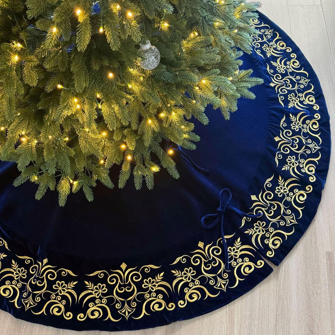 72-Inch Victorian Velvet Christmas Tree Skirt with Gold Damask Embroidery and Plush Lace Ties, Royal Blue