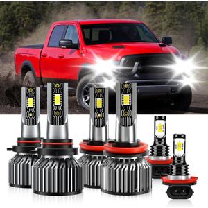 Compatible For Ram 1500 2019-2023 9005 H11 High/Low Beam H11 Fog Light Bulbs, 600% Brightness 6500K White with Cooling Fan, Plug and Play, IP68 Pack of 6