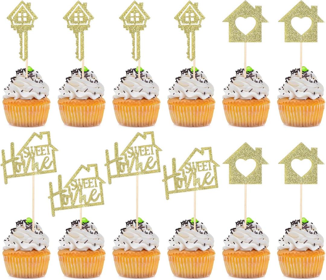 24 Pcs Sweet Home Cupcake Toppers - Gold Glitter Key New Home Cupcake Picks - Housewarming Party Decorations